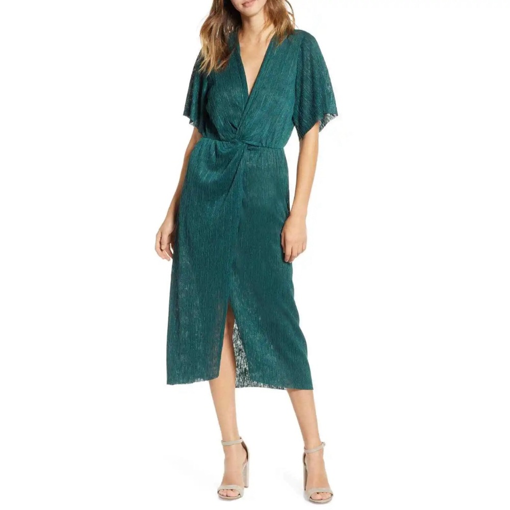 All in Favor Nordstrom Midi Dress Pleated Twist Emerald Green dress